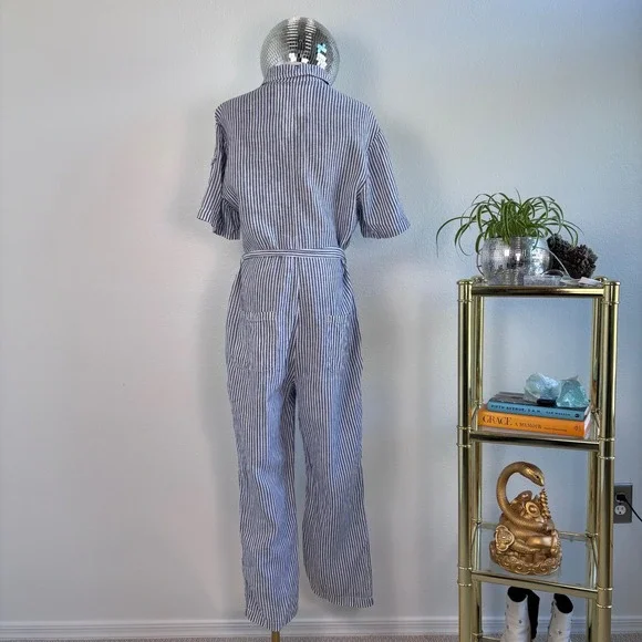 Anthro Cartonnier Blue and White Railroad Stripe Utility Jumpsuit, Size Medium - Picture 4 of 16